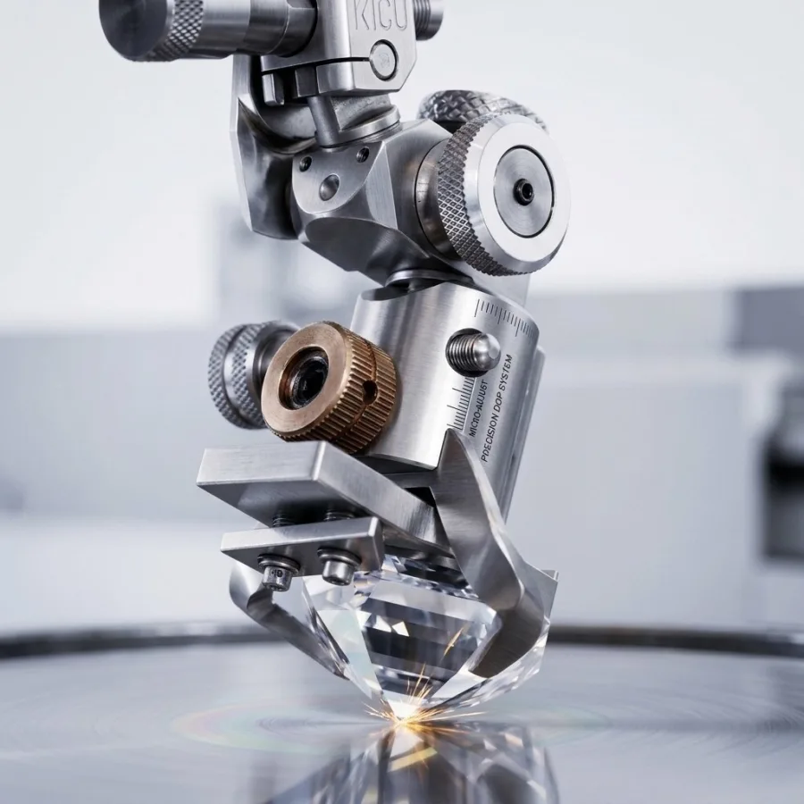 A rough diamond held to the polishing wheel on a precision dop, the cut is planned by hand