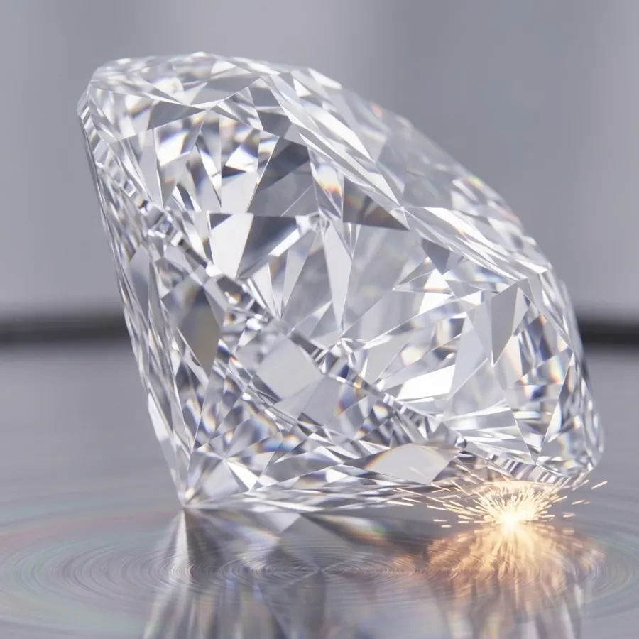 A finished brilliant on a reflective surface, light breaking across its facets