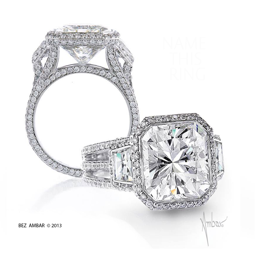 Three Stone Diamond Engagement Ring Emerald / Trapezoids