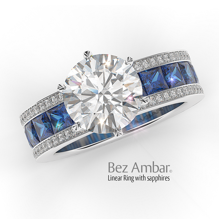 Princess Cut Sapphire Engagement Ring with Round Center Bez Ambar