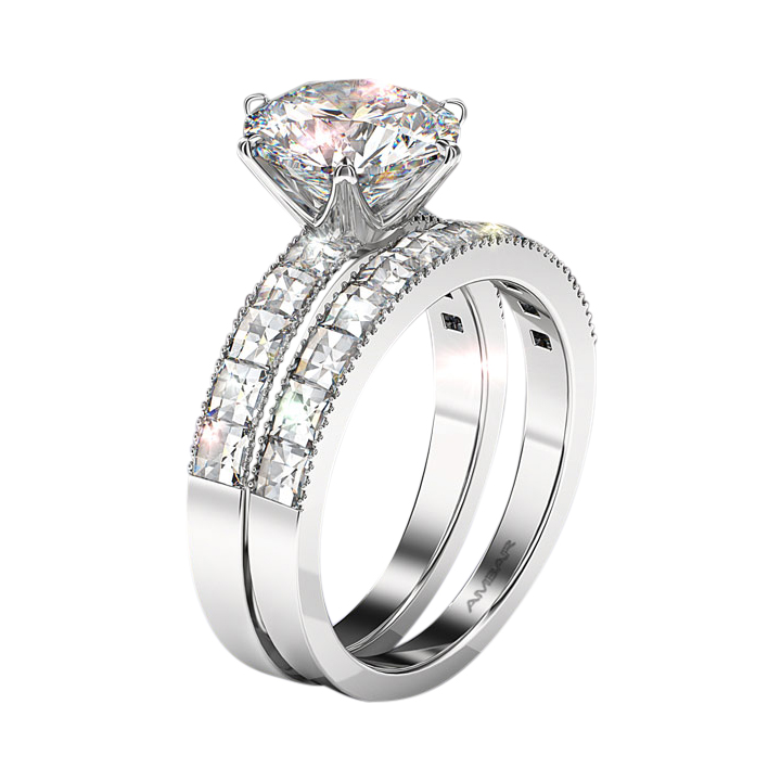 Milgrain Wedding Ring Set For Round Diamond Center
