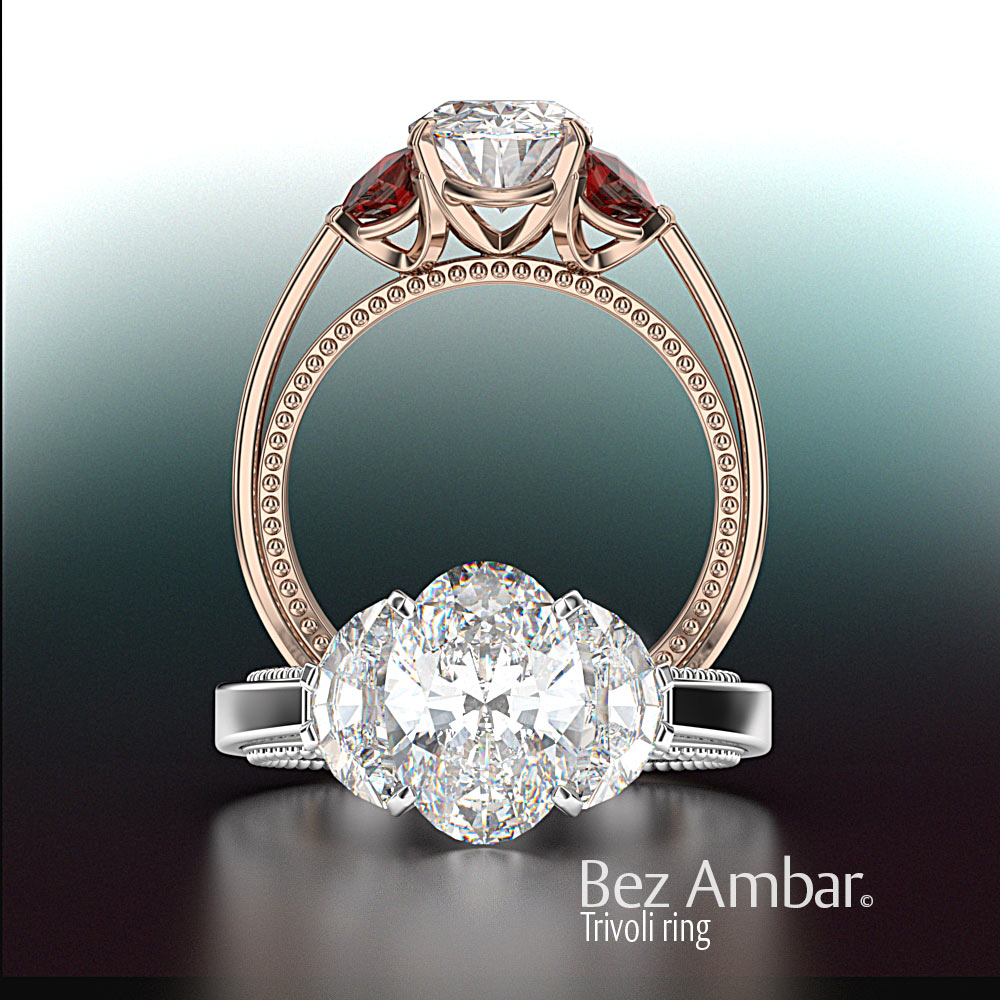 Three Stone Oval and Half Moon Diamonds Setting