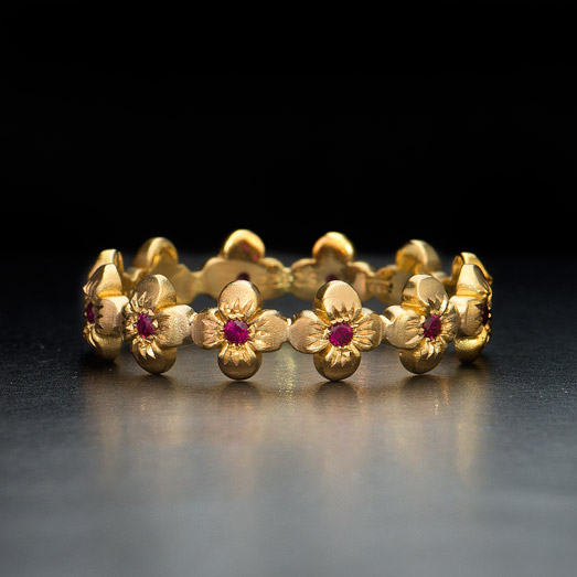 18k Gold Flower Ring with Rubies